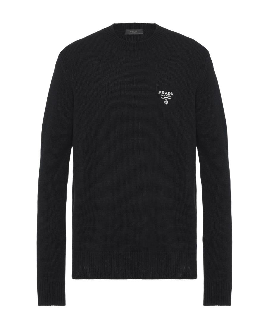 Prada Logo Embroidered Crewneck Knit Sweater In Black