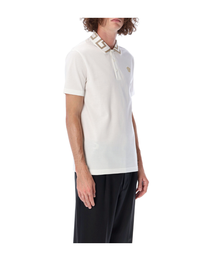 Versace Men Greca Polo Shirt With Short Sleeves In White