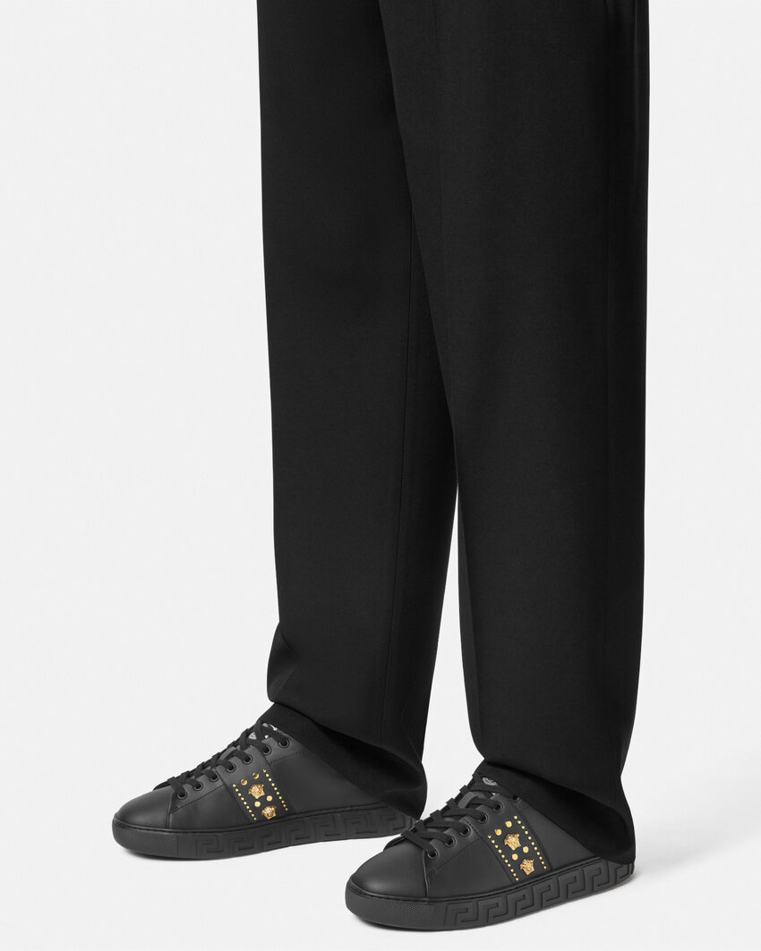 Versace Studded Greca Low-top Sneakers In Black