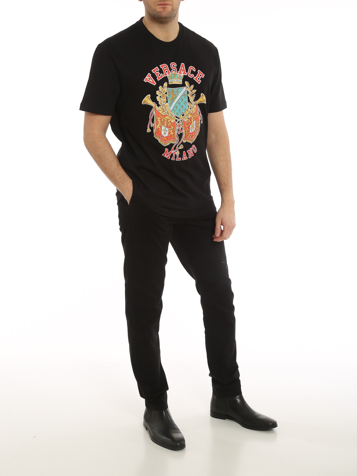 Versace Crest Logo-print Crew-neck T-shirt In Multicolor