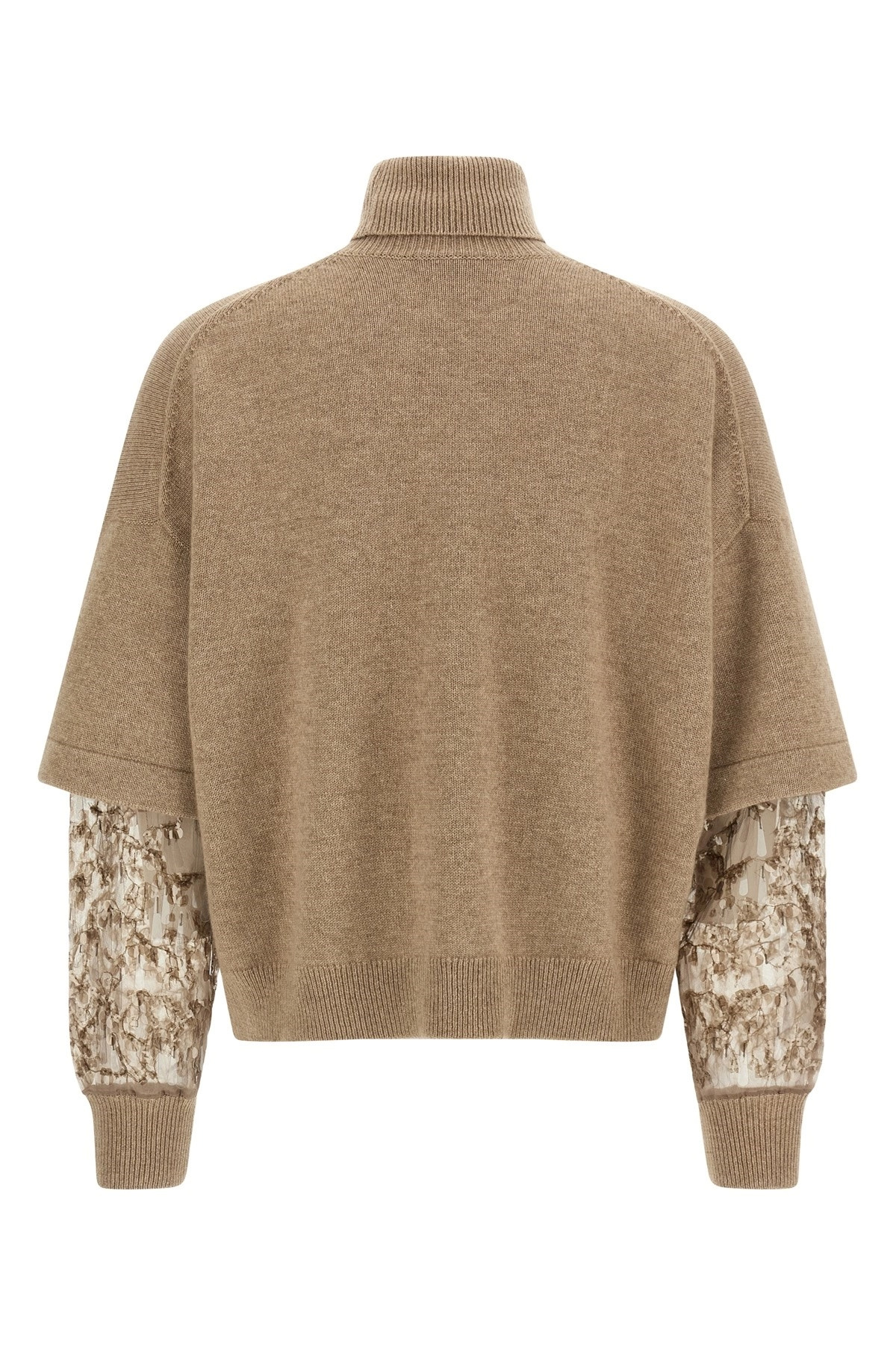 Brunello Cucinelli Cashmere Turtleneck Sweater With Sheer Sequined Sleeves In Brown
