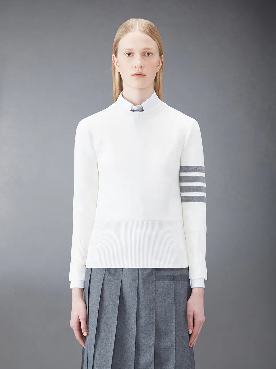 Thom Browne Round-collar And Long-sleeved Sweater In White