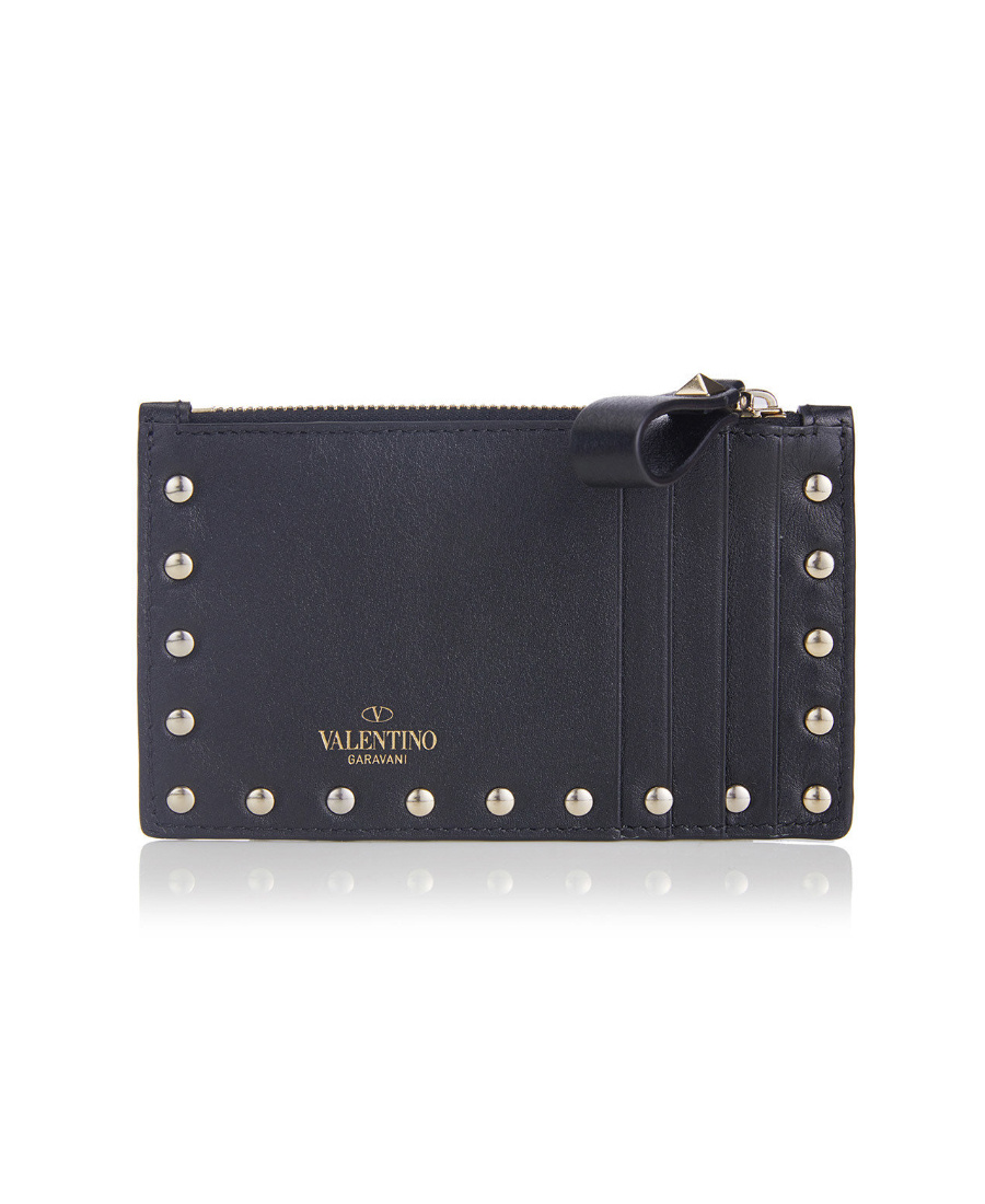 Valentino Rockstud Leather Cardholder In Black