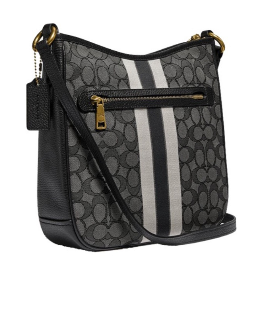 Coach Logo Striped Shoulder Bag In Black