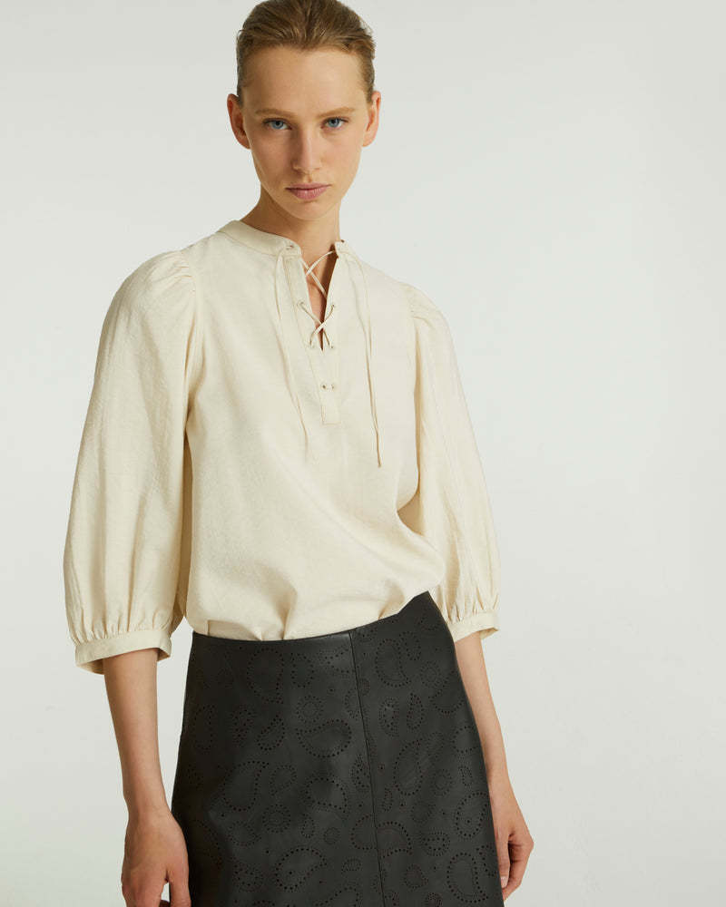 Yves Salomon Tie-neck Silk Seersucker Blouse In Nude
