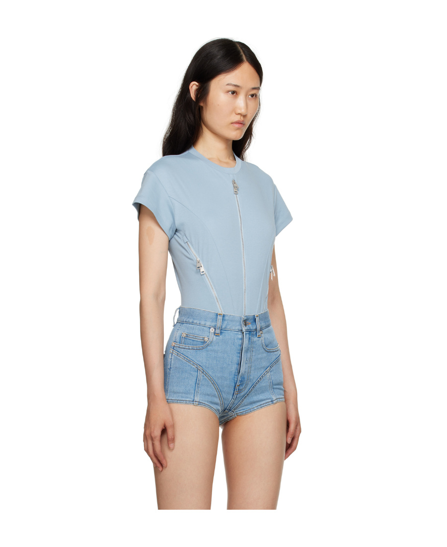 Shop Mugler Zip-embellished Organic Cotton Bodysuit In Blue