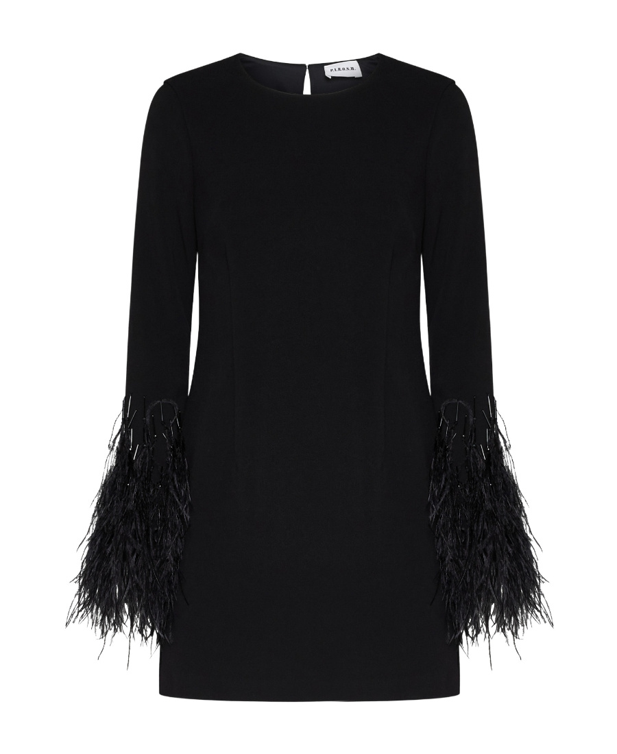 P.a.r.o.s.h Parosh Feather Trim Mini Dress With Elegant Silhouette And Keyhole Detail In Black