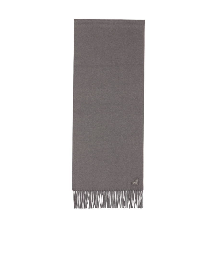 Prada Triangle-logo Fringed Scarf In Gray