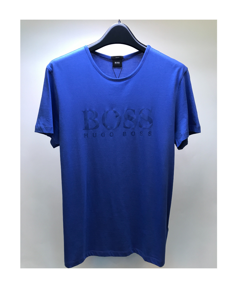 Hugo Boss Stretch-cotton Short-sleeved T-shirt With Logo Artwork In Blue