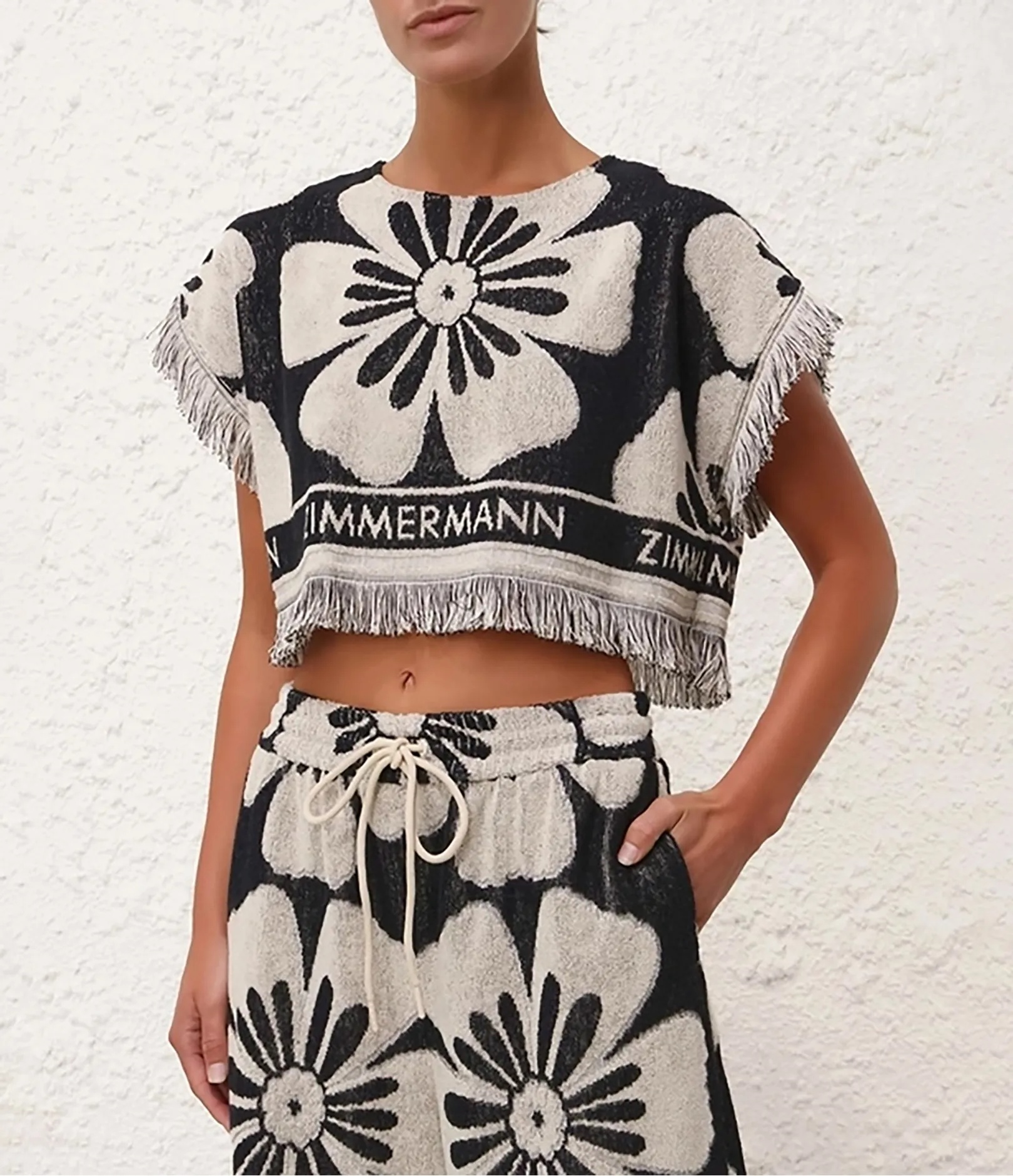 Zimmermann Halliday Cotton Crop Top Black Cream In White