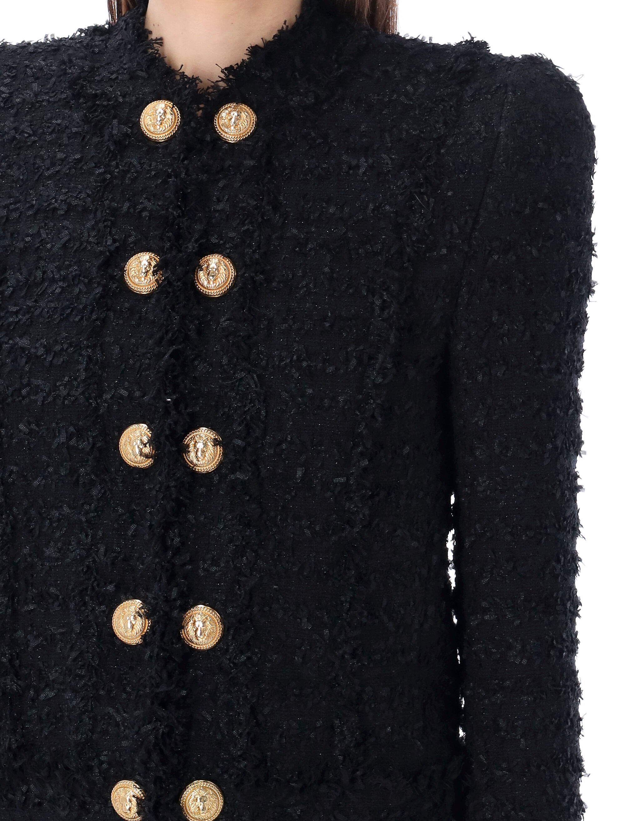 Balmain Collarless Four-pocket Tweed Jacket In Black