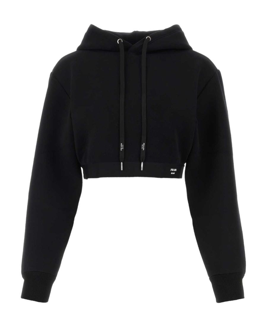 Prada Stretch Cotton Blend Sweater With Cropped Length And Hood In Black