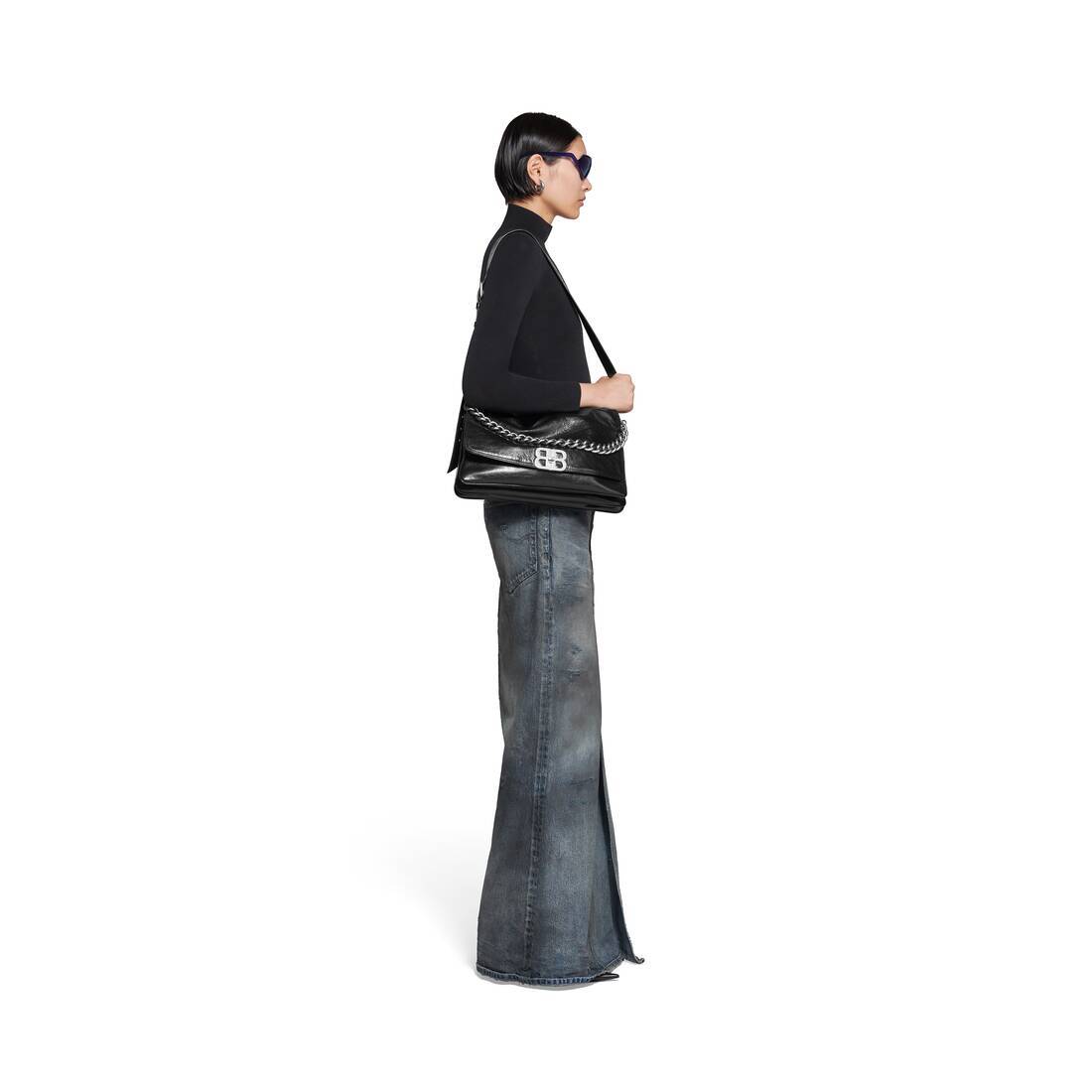 Balenciaga Dark Blue Maxi Skirt With Crinkled Effect With Logo Patch In Cotton Denim Woman In Black