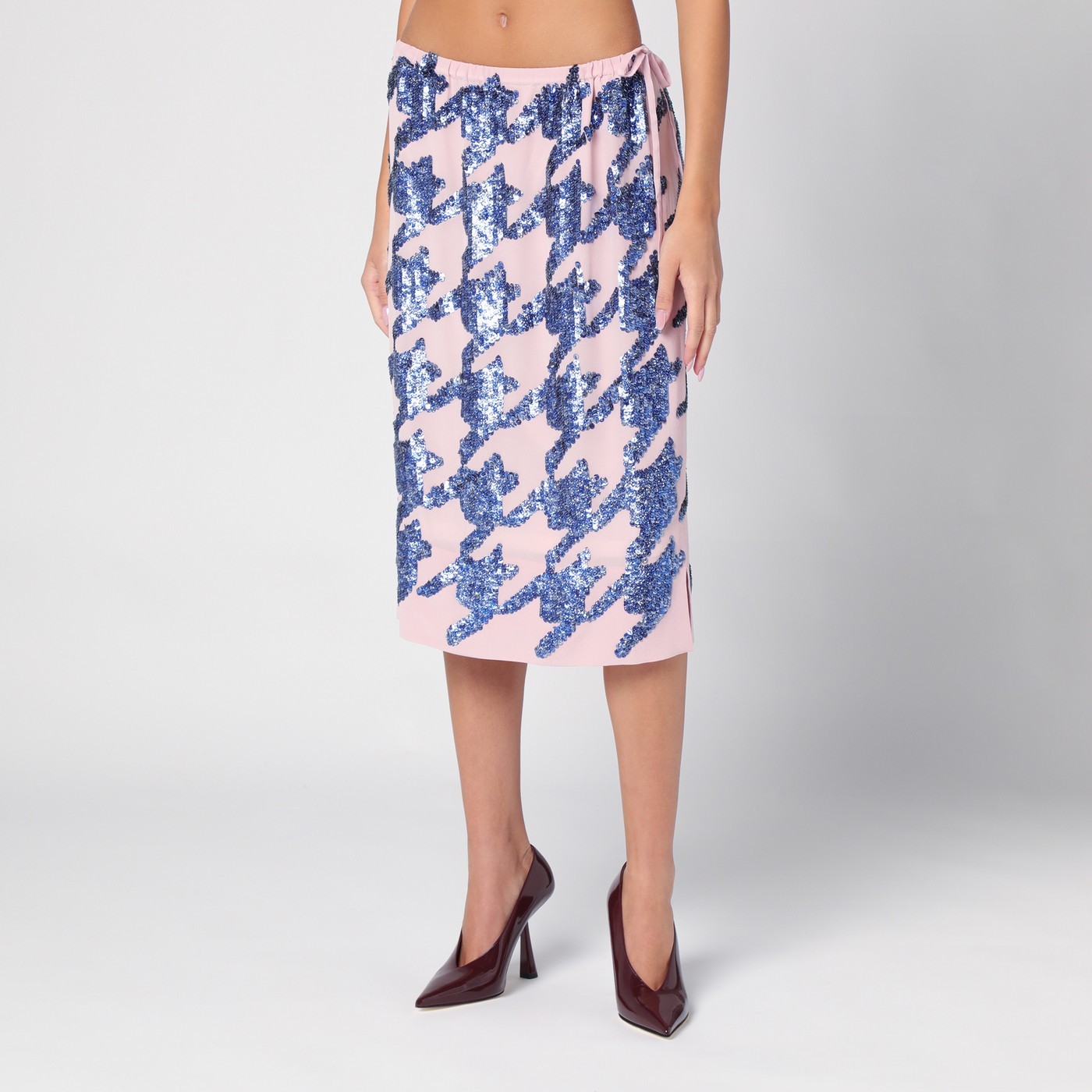 Dries Van Noten Sequin Silk Skirt Houndstooth Pattern In Blue