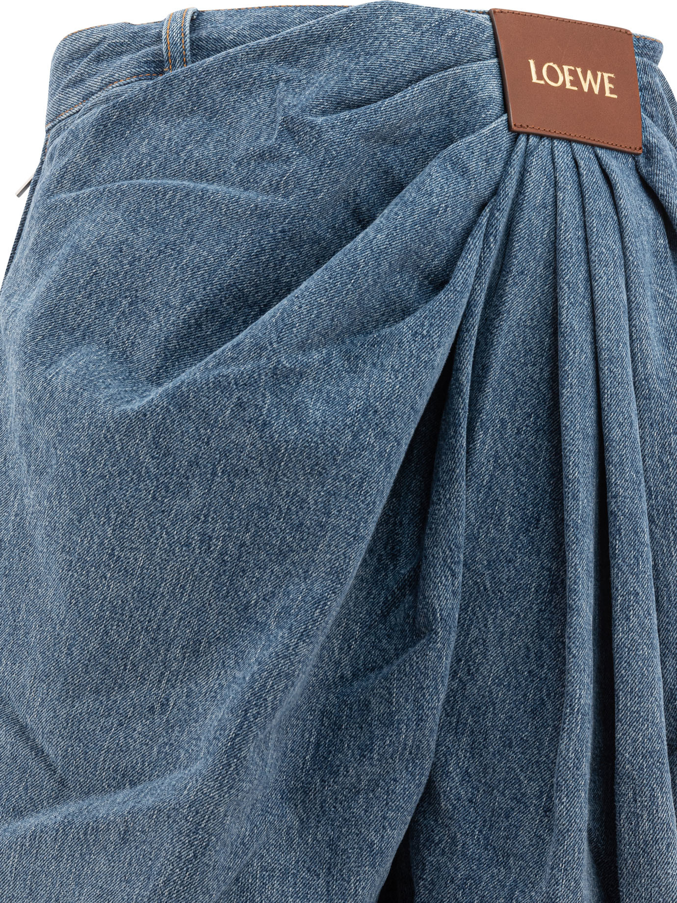 Loewe Leather-trimmed Draped Gathered High-rise Wide-leg Jeans In Blue