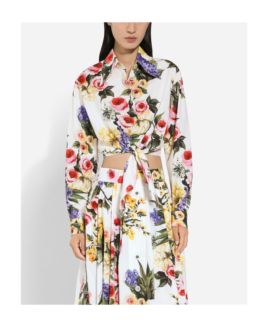 Dolce & Gabbana Floral Print Cropped Poplin Shirt With Front Tie In White