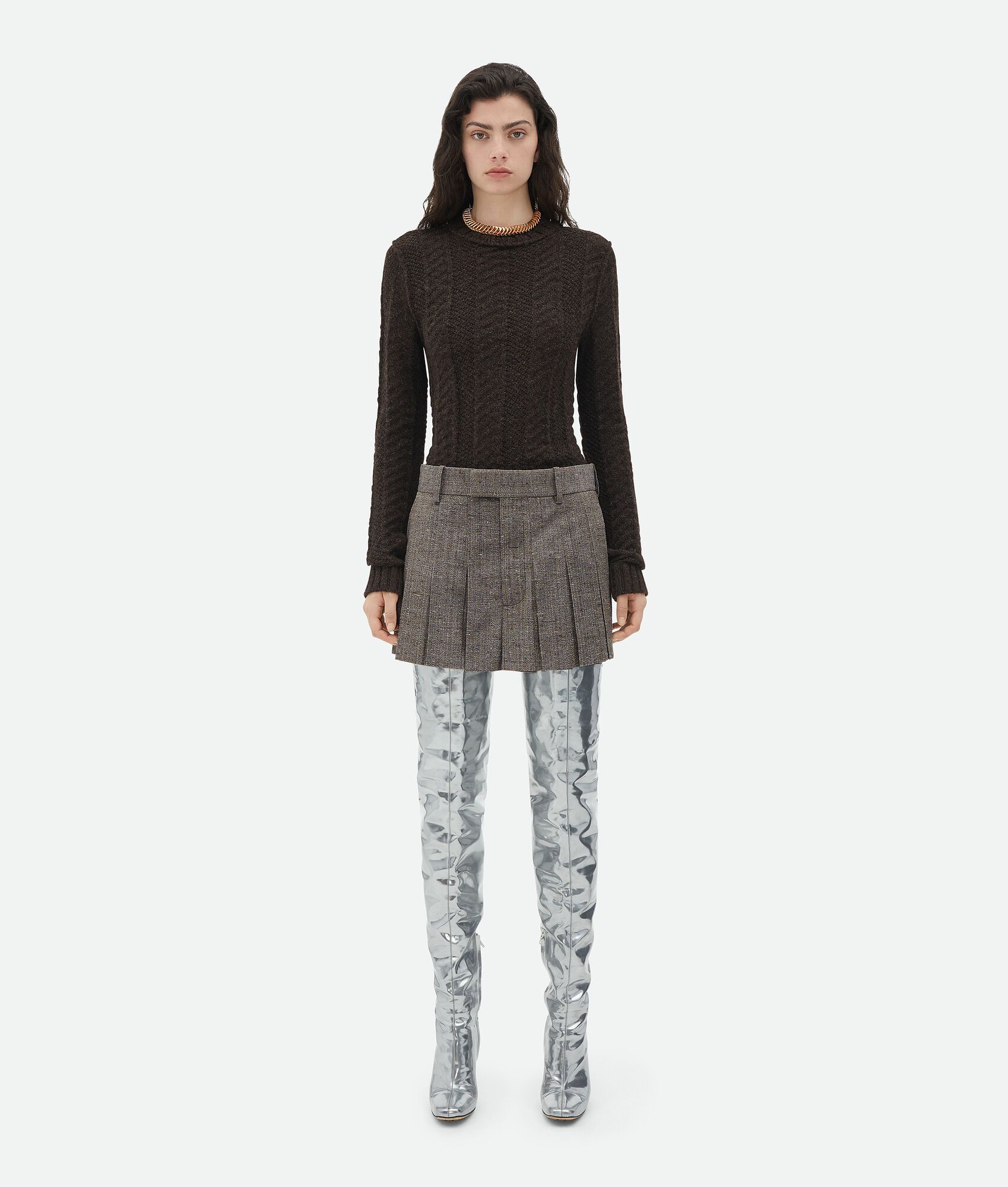 Bottega Veneta Mélange Pleated Miniskirt In Gray