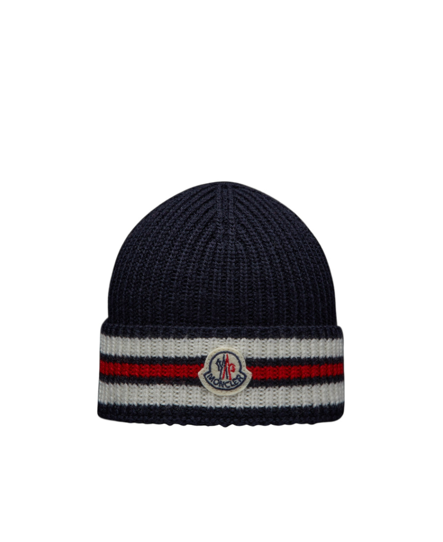 Moncler Logo-patch Stripe-detail Beanie In Black