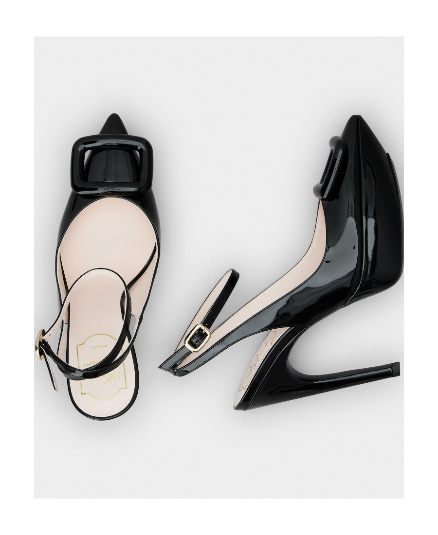 Shop Roger Vivier Viv' Choc Lacquered Buckle Slingback Pumps In Patent Leather In Black
