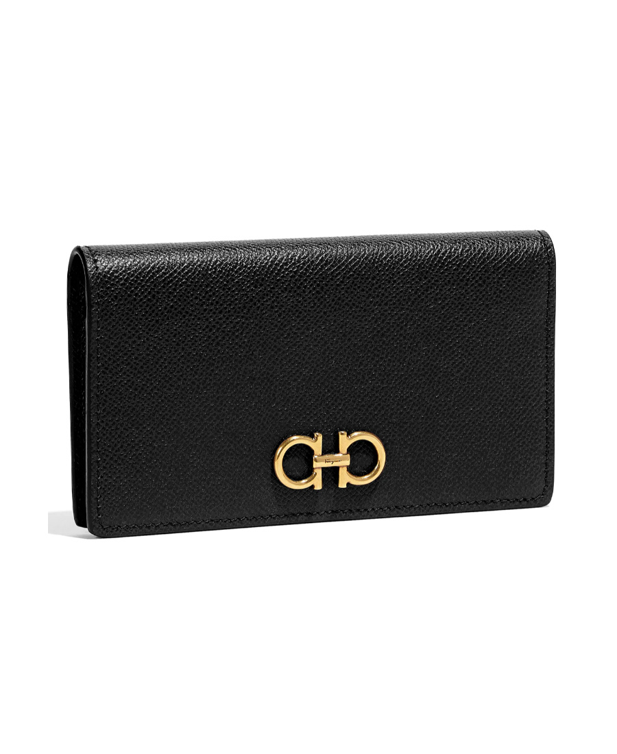 Ferragamo Gancini Continental Wallet In Hammered Leather In Black