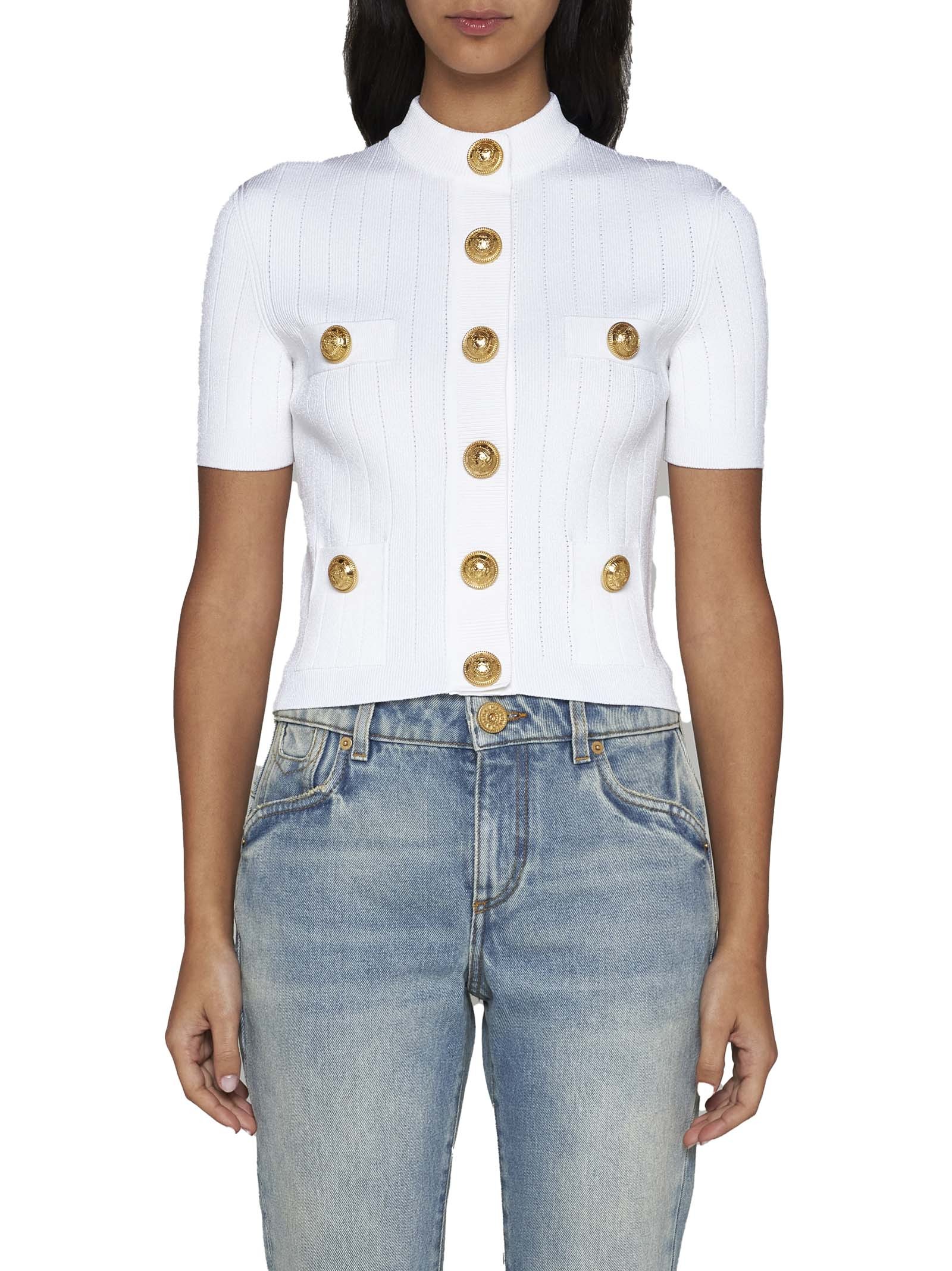 Shop Balmain Buttoned Knit Cardigan In White