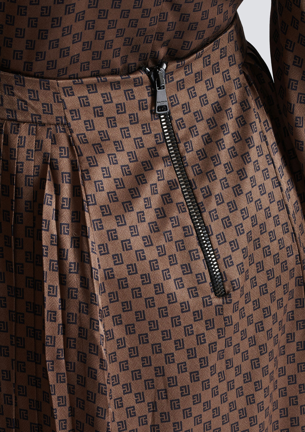 Balmain Monogram-print Pleated Midi Skirt In Brown
