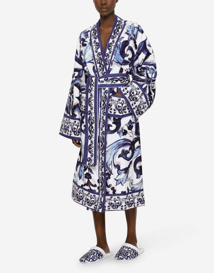 Dolce & Gabbana Graphic-print Long Sleeve Bath Robe In Blue