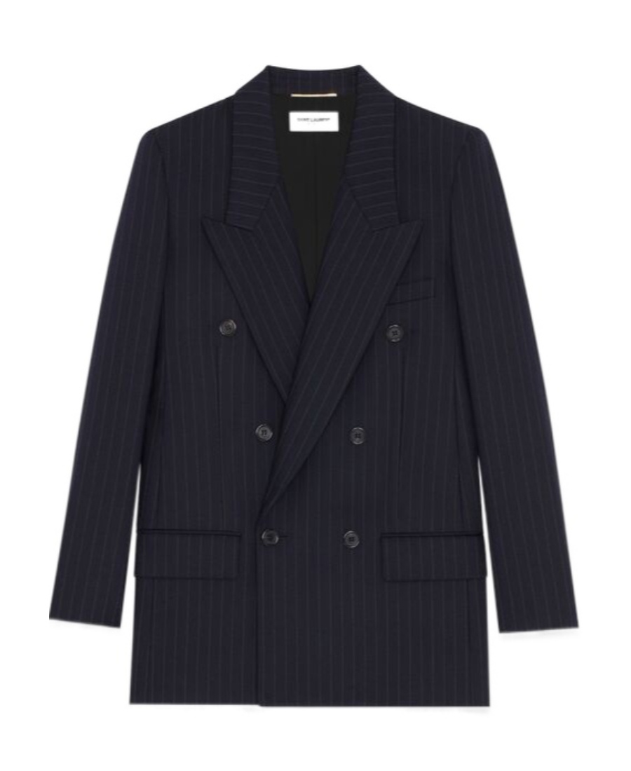 Saint Laurent Pinstripe Double Breasted Blazer In Black