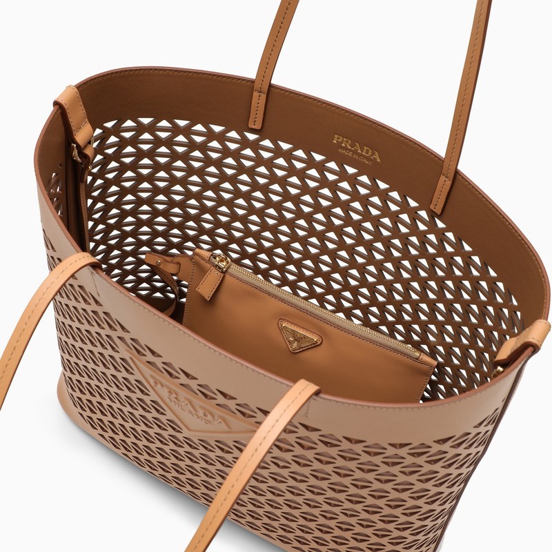 Prada Large Brown Perforated Leather Shopping Bag In Nude
