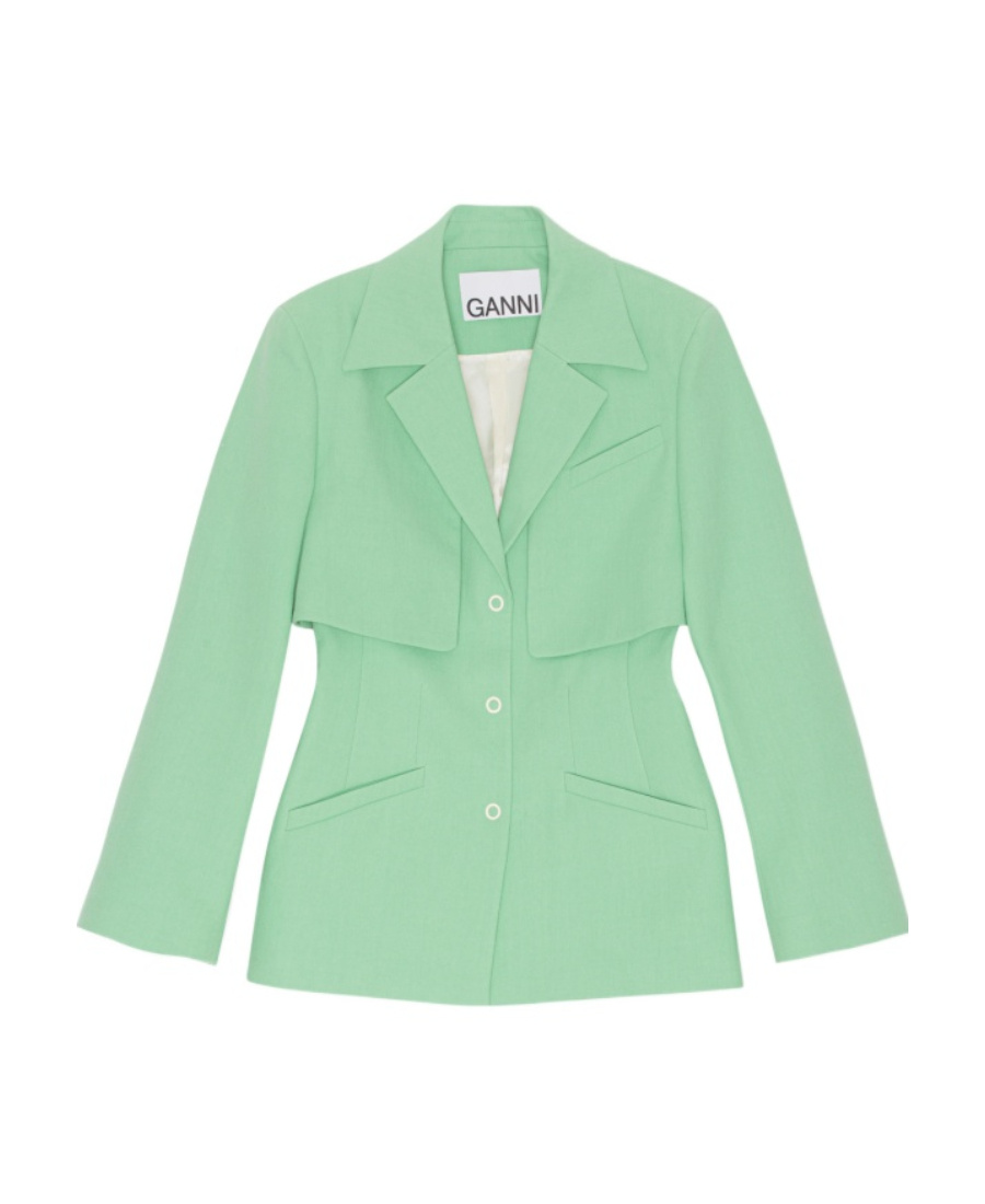 Ganni + Net Sustain Layered Organic Cotton-voile Blazer In Green