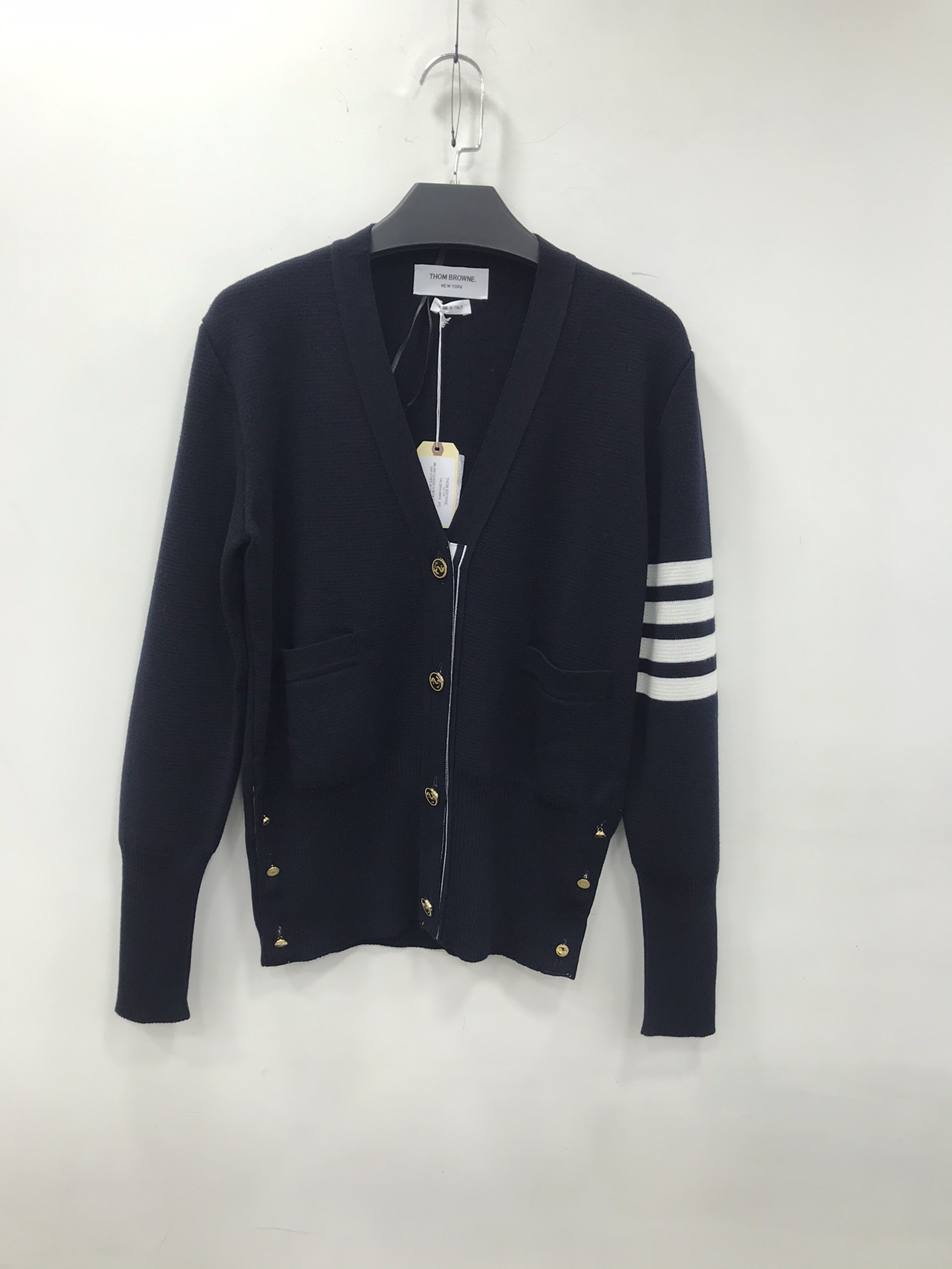 Thom Browne Ladies Navy Cashmere 4-bar Classic V-neck Cardigan In Black