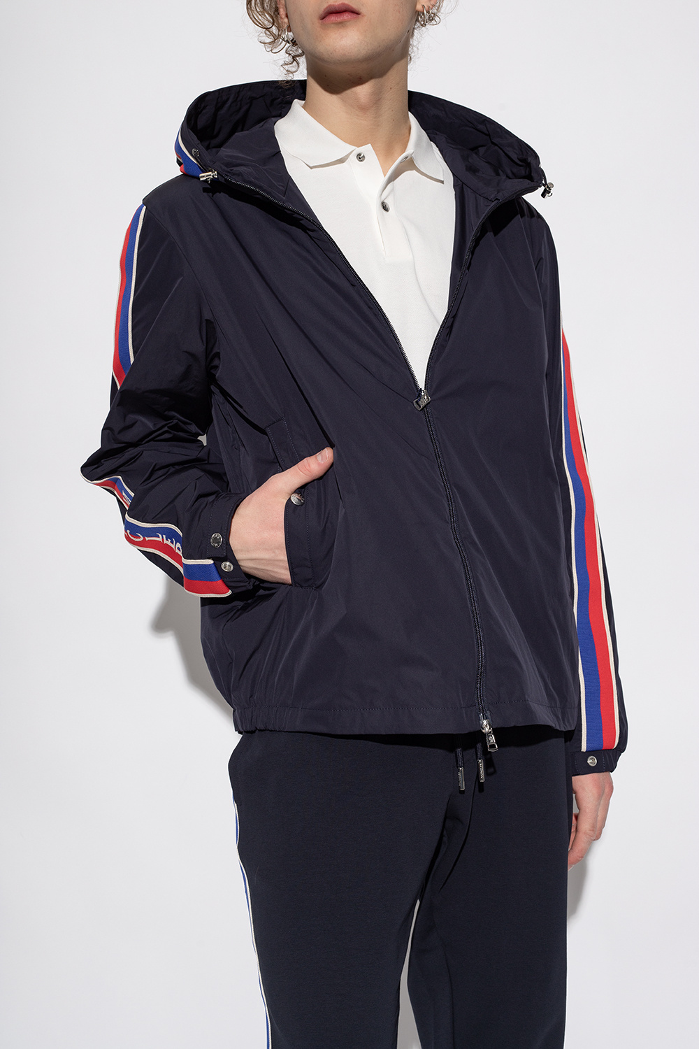 Moncler Stripe-detail Hooded Jacket In Blue