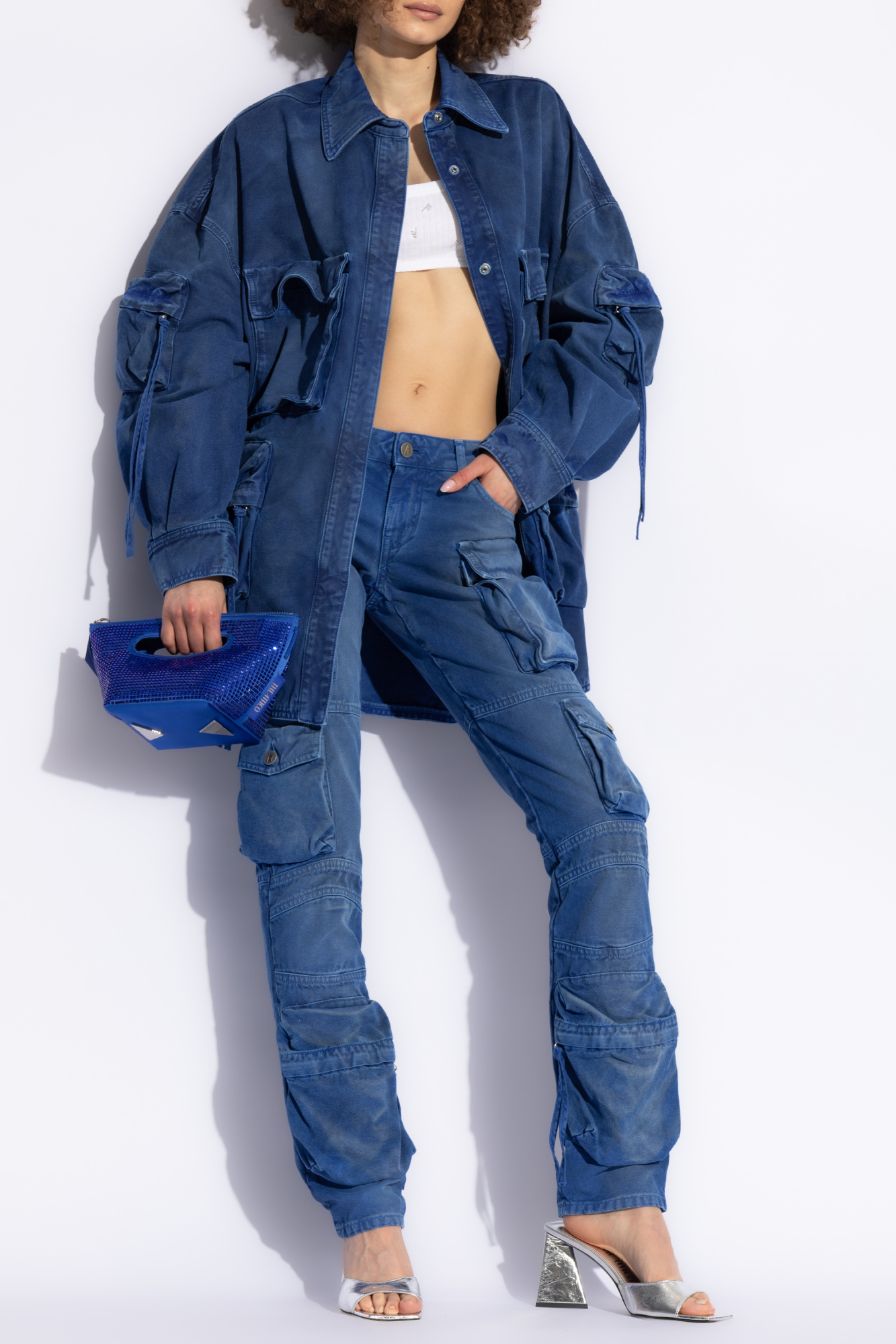 Attico Drawstring Collared Neck Jacket Front Pockets In Blue
