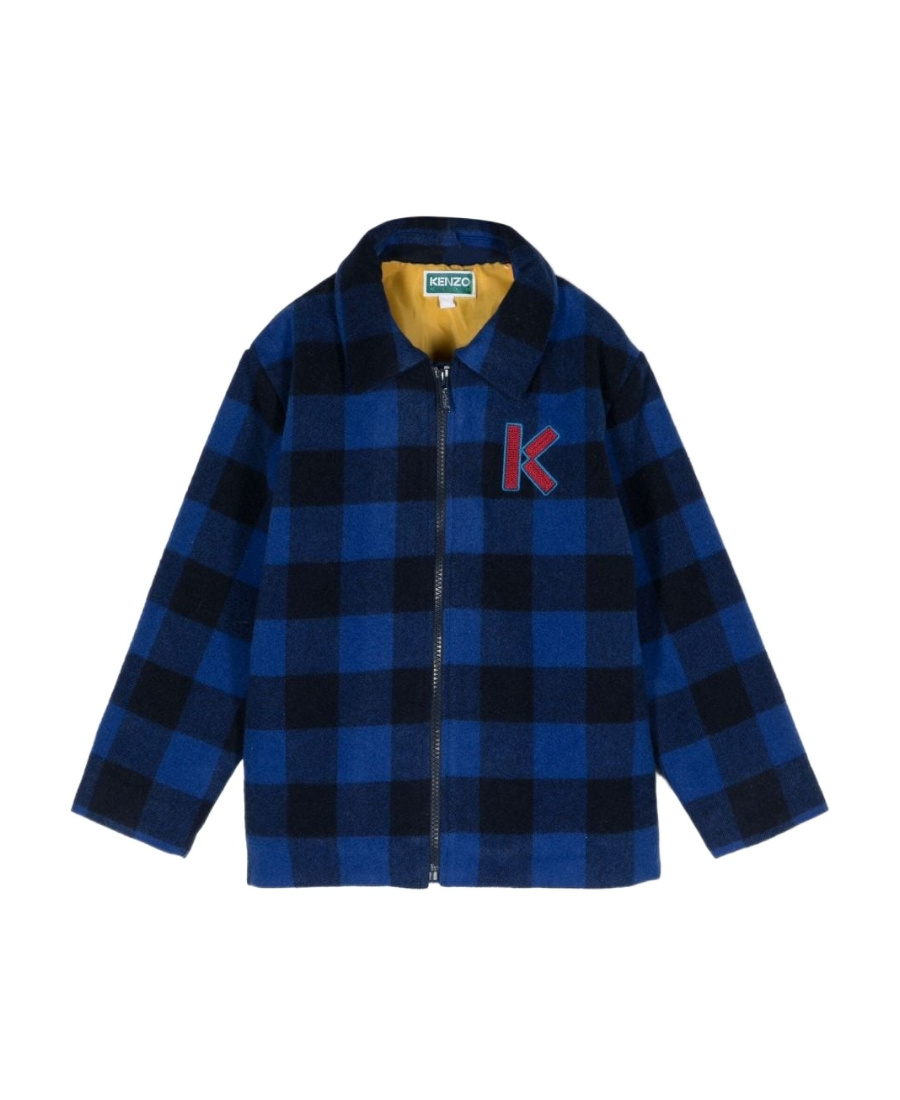 Kenzo Logo-embroidered Checked Wool Jacket In Blue