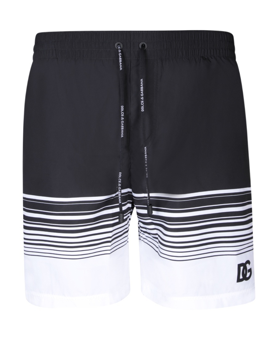 Dolce & Gabbana Striped Drawstring Swim Shorts In Black