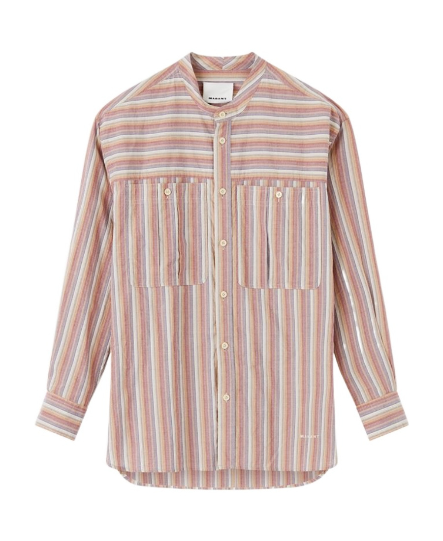 Isabel Marant Striped Long Sleeve Band Collar Shirt In Nude