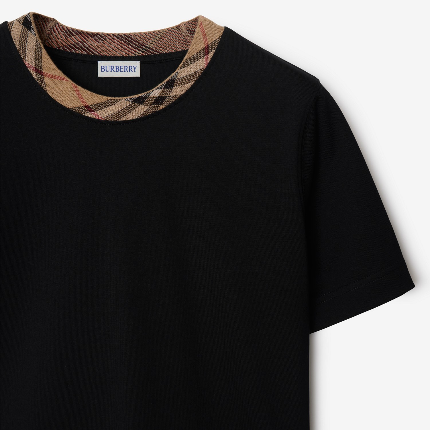 Burberry Black Crewneck T-shirt With Ckeck Motif On The Collar In Cotton Woman