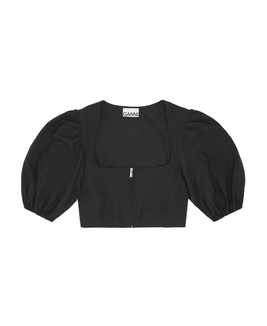 Shop Ganni Drapey Melange Zipper Blouse In Black