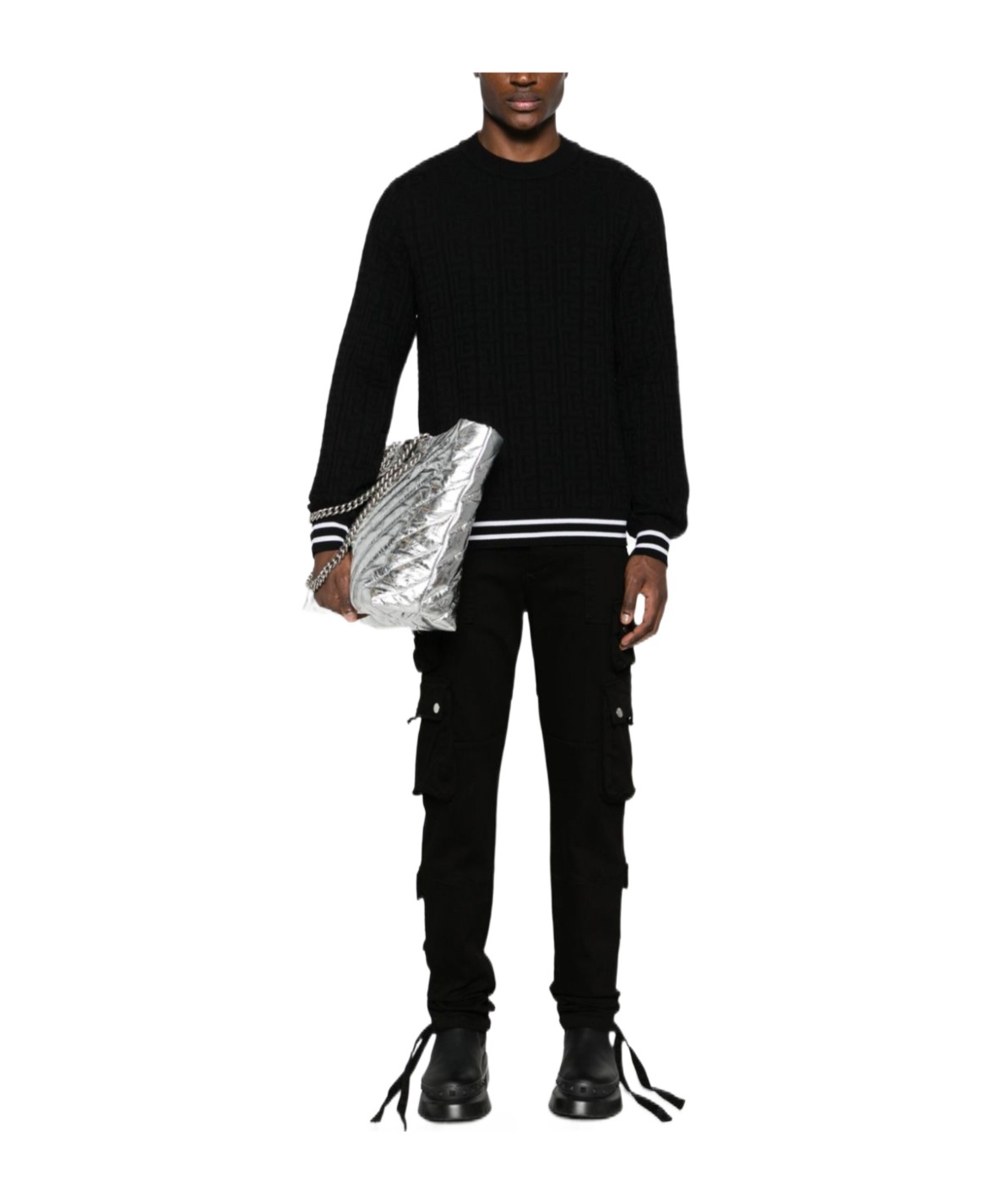 Balmain Merino Wool Sweater With Stripe Detail And Jacquard Pattern In Black