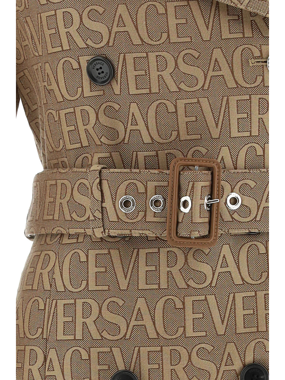 Versace All Over Logo Trench Coat In Brown