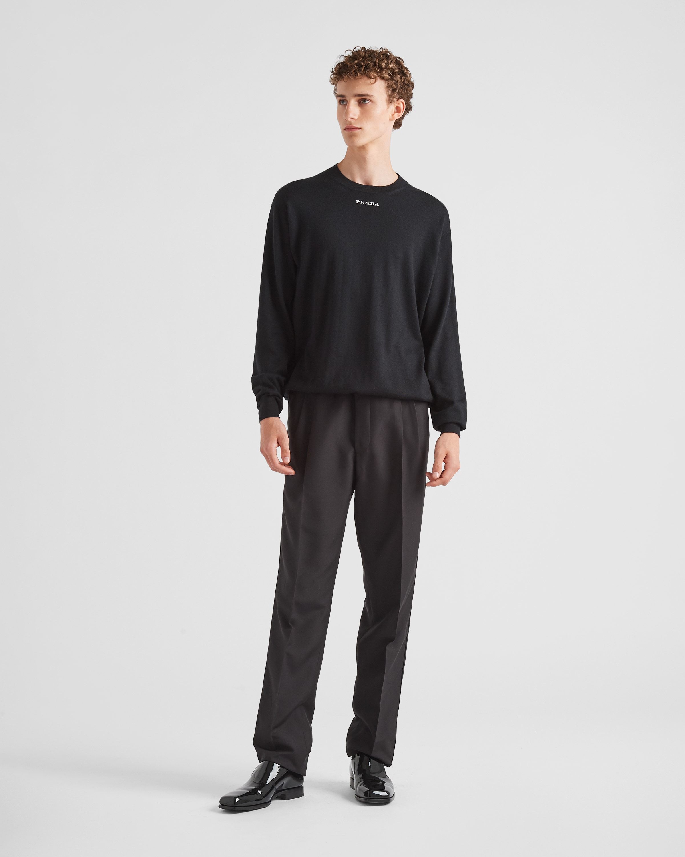 Prada Logo Intarsia Crewneck Knitted Jumper In Black