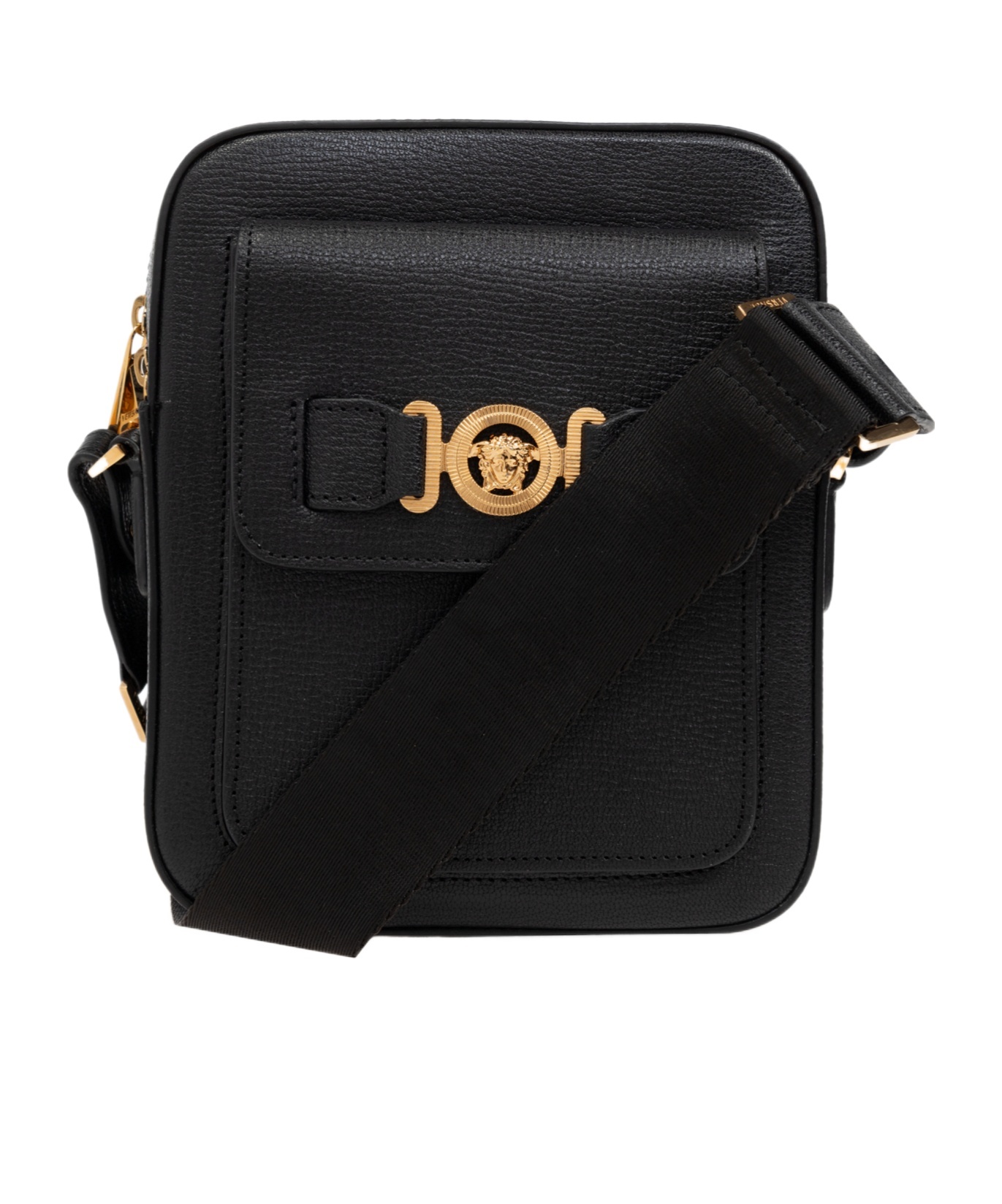 Versace Man Black Leather Medusa Biggie Crossbody Bag In Black