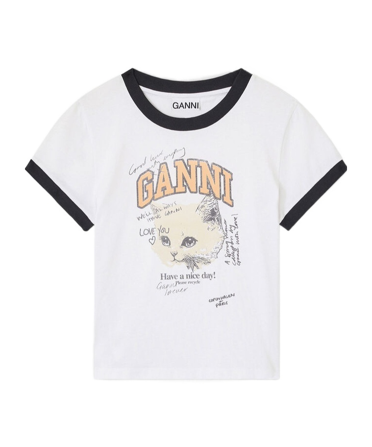 Ganni Kitty-print Ringer Top In White