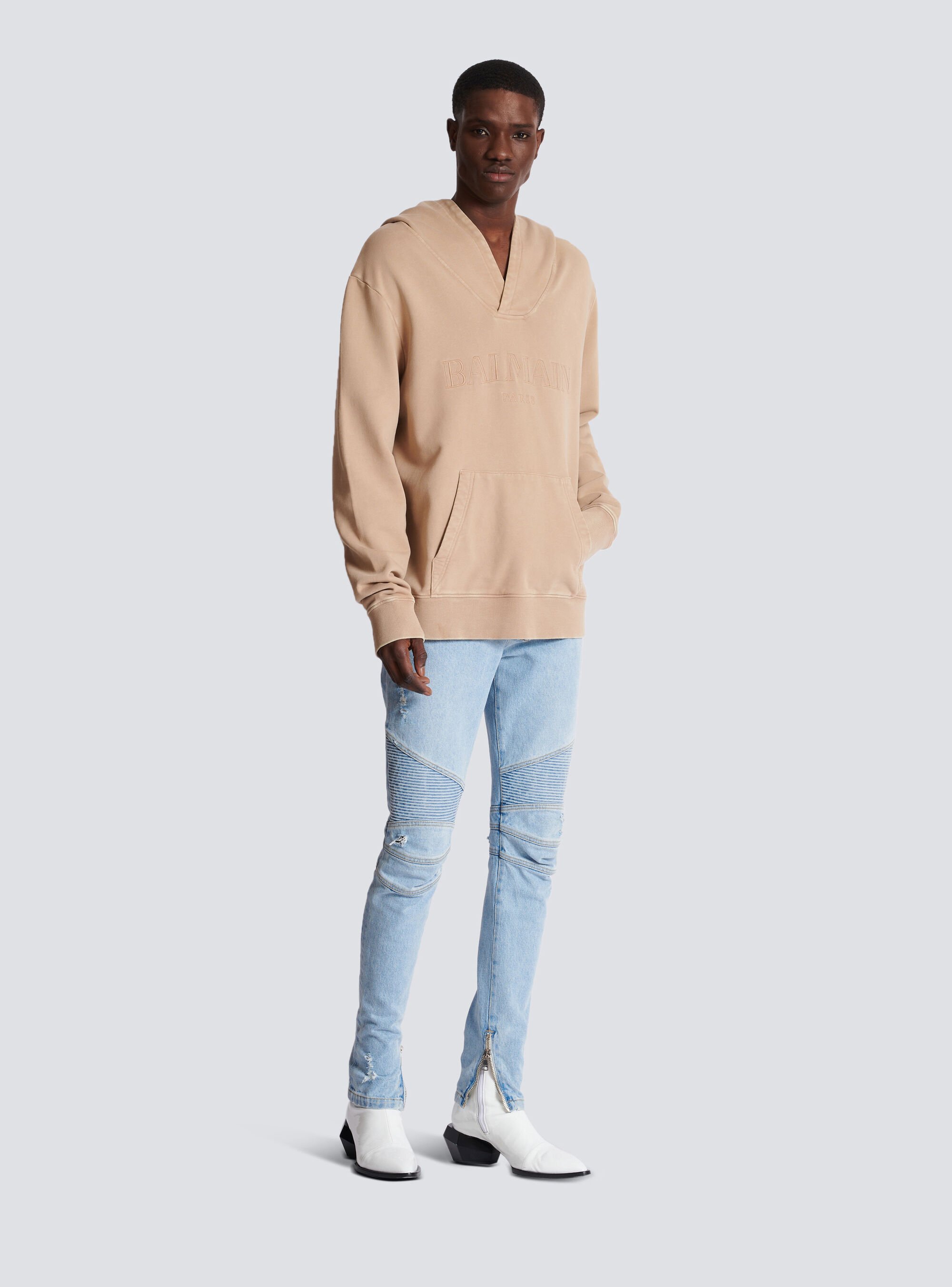 Balmain Logo-embroidered V-neck Cotton Hoodie In Nude