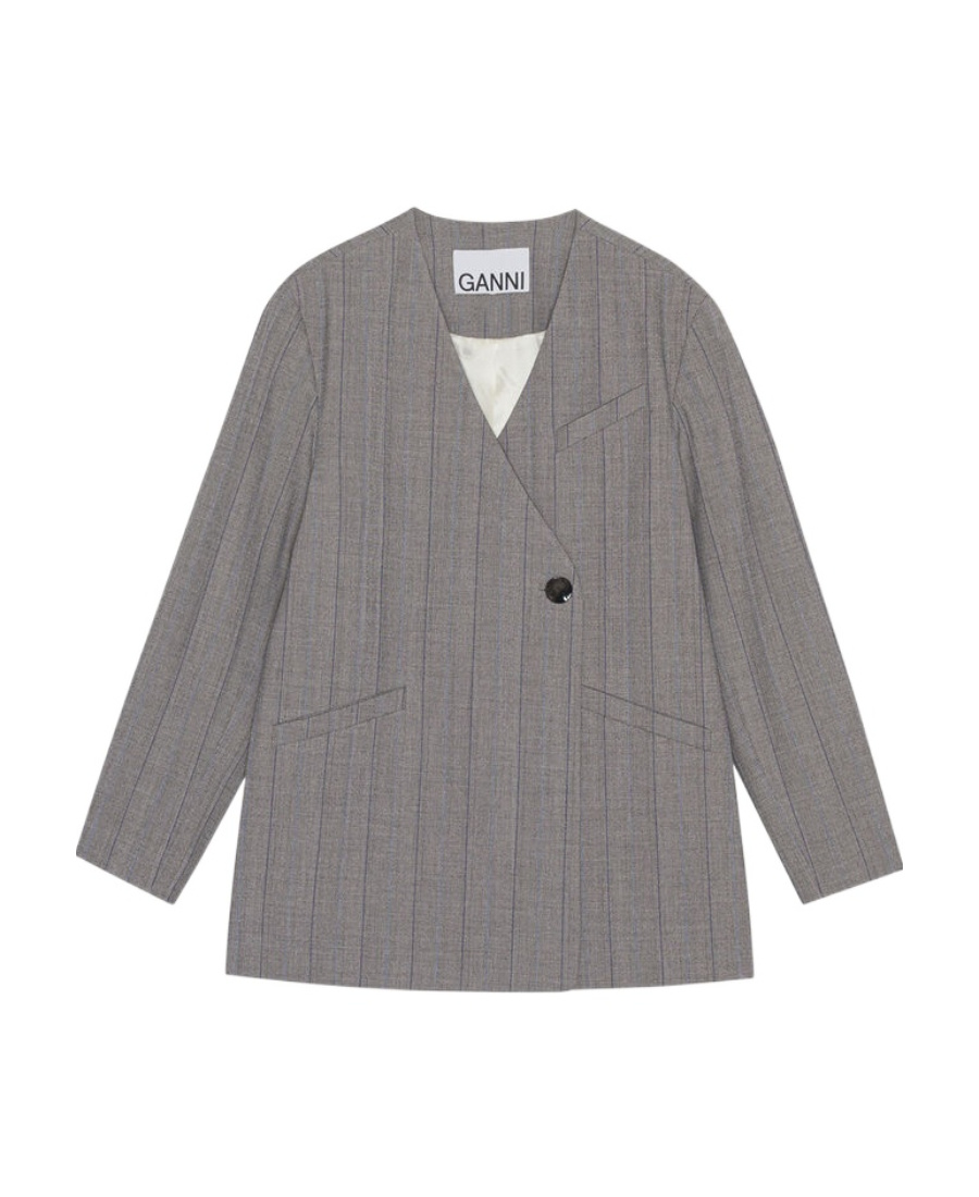 Ganni Herringbone Suit Jacket In Gray