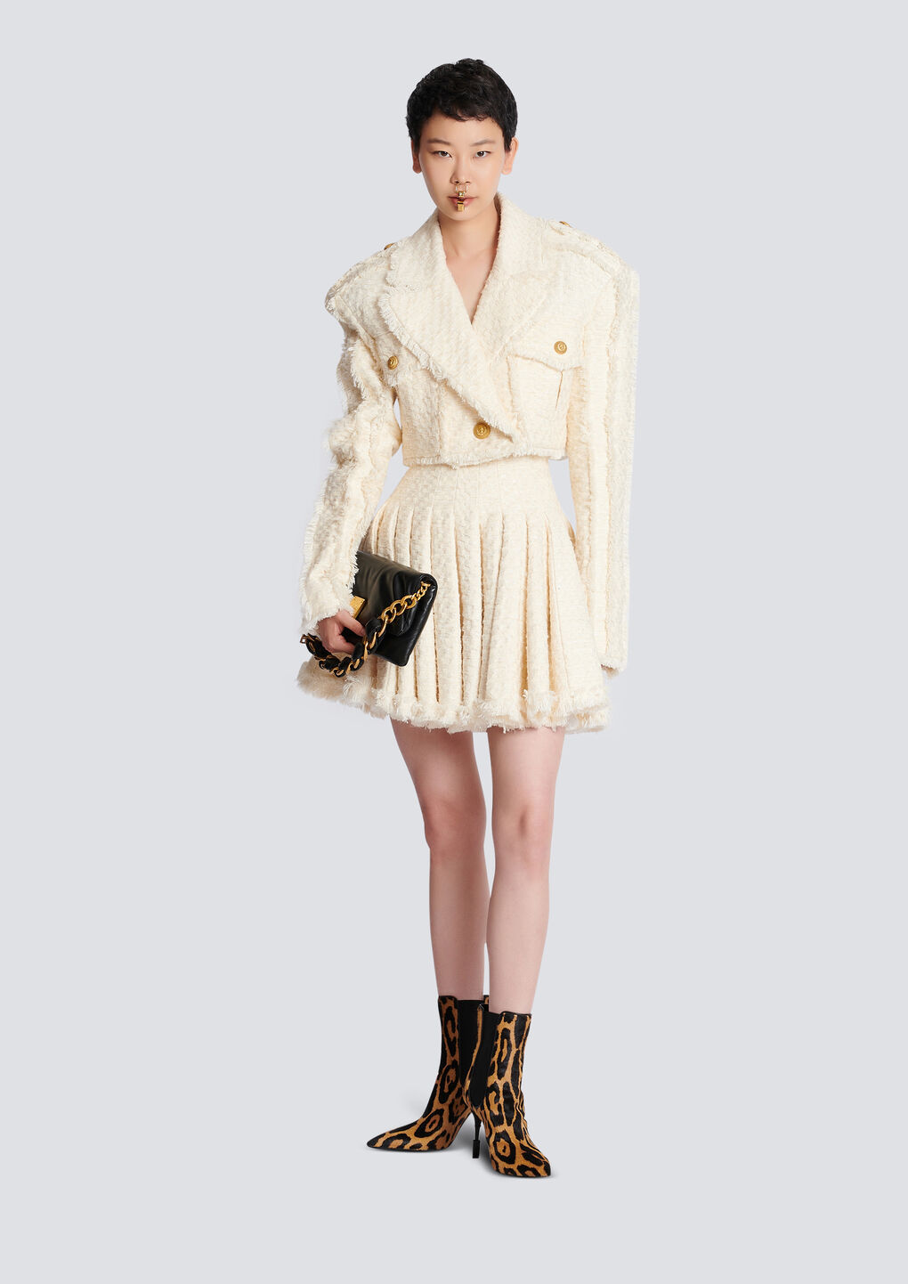 Balmain Cotton-blend Tweed Cropped Jacket In White