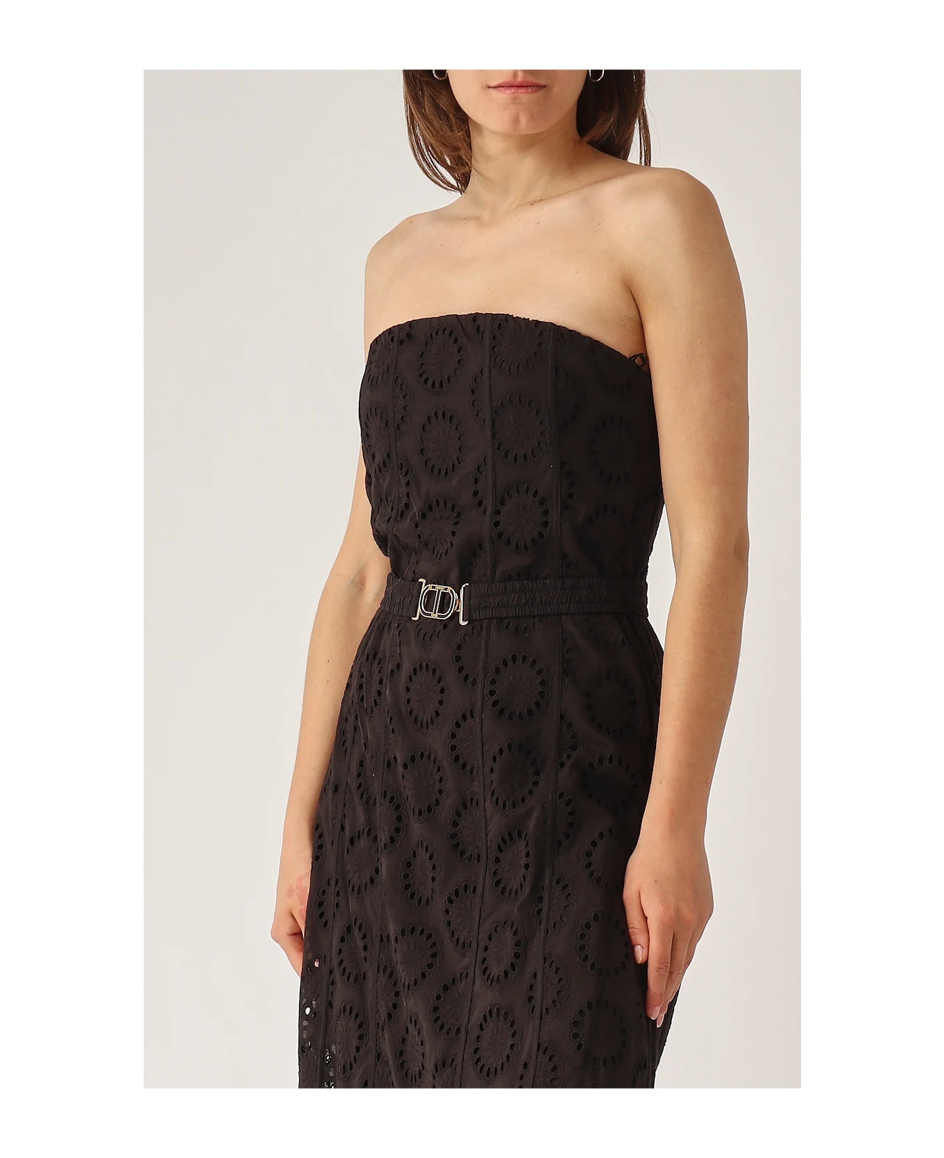 Twinset Black Dress With Removable Straps And Broderie Anglaise In Cotton Woman