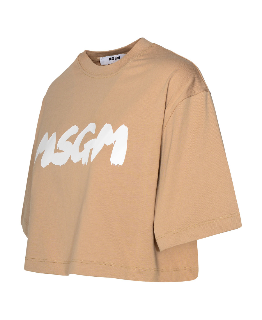 Msgm Cropped Logo-print Cotton T-shirt In Nude