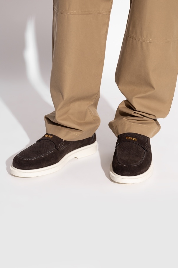 Versace Suede Greco Monogram Loafers In Brown