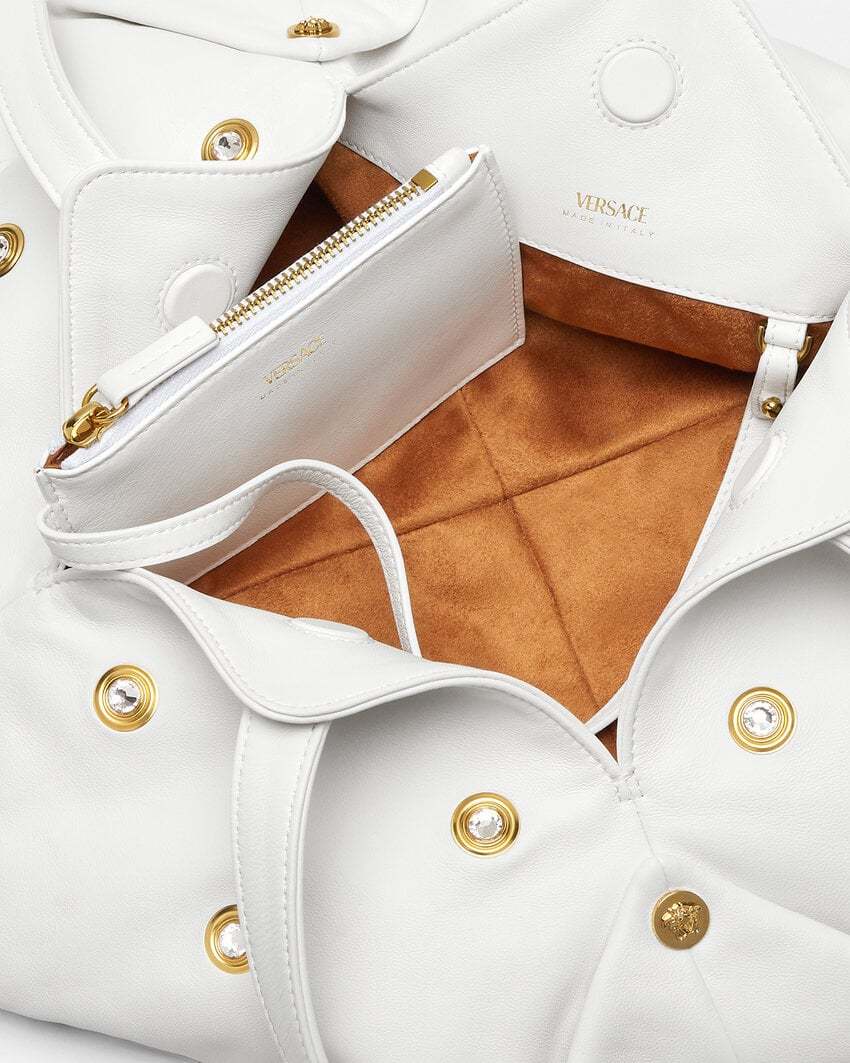 Versace Protea Crystal Stud Leather Shoulder Bag In White